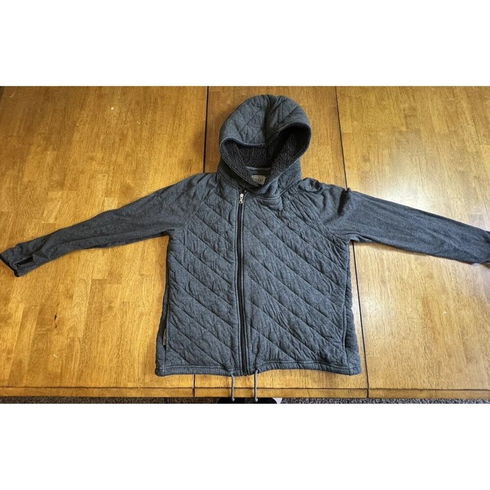 UGG AUSTRALIA GREY QUILTED SIDE ZIP HOODED SHERPA JACKET Sz XL See Description!
